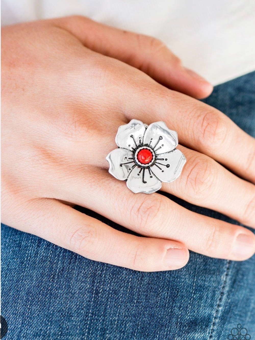 Silver Floral Statement Ring with Red Center